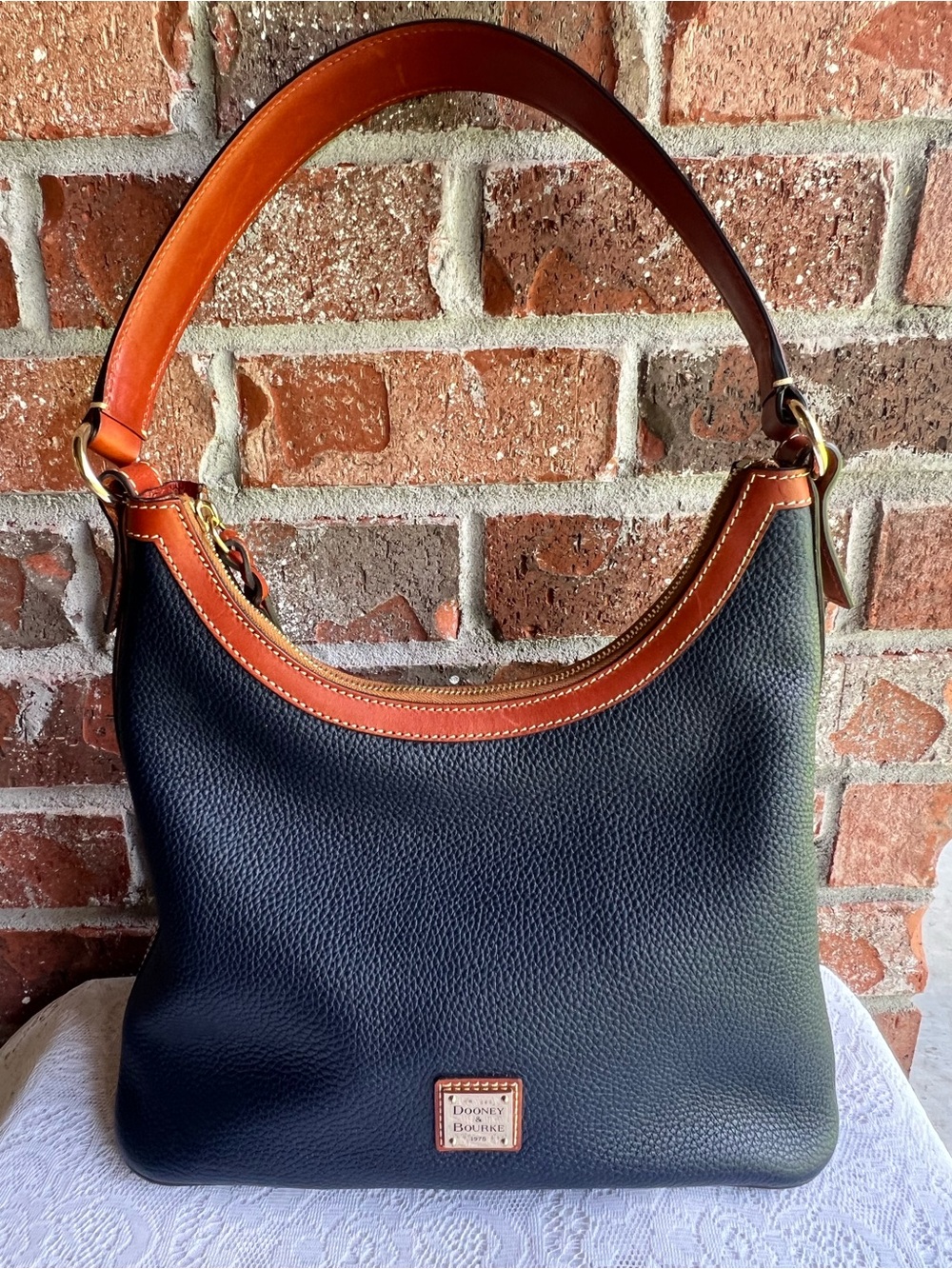 Dooney & Bourke Navy Pebble Leather Shoulder Hobo with Brown Trim